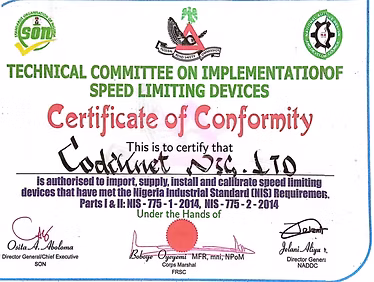 Speed Limiting Conformity Certificate original certificate